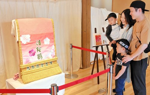 伯桜鵬関の化粧まわしを眺める家族連れ＝７日、鳥取県倉吉市明治町の打吹回廊