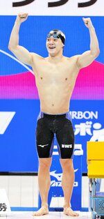 日本選手権男子２００㍍平泳ぎで２位に入り、東京五輪代表に決まった武良竜也＝２０２１年４月、東京アクアティクスセンター