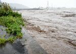 台風７号による大雨で今にも越水しそうなほど増水した私都川＝15日午後４時ごろ、鳥取県八頭町米岡