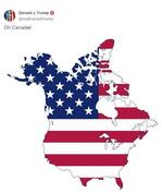 　トランプ次期米大統領が自身の交流サイト（ＳＮＳ）トゥルース・ソーシャルに投稿した、米国とカナダの地図を米国旗で塗りつぶした画像（共同）