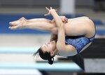 女子板飛び込み決勝　優勝した三上紗也可の演技＝東京アクアティクスセンター