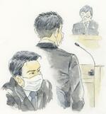 　初公判に臨む被告（イラストと構成・川原アカネ）