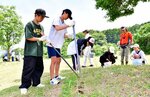 役割分担しながら球根を植える淀江中の生徒たち＝８日、米子市淀江町福岡の上淀廃寺跡