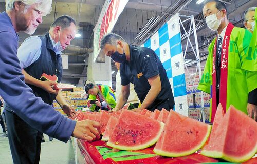 市場関係者に振る舞われた鳥取すいか＝５日、大阪市福島区の大阪市中央卸売市場本場