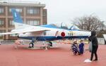 　航空自衛隊熊谷基地に常設展示された「ブルーインパルス」の機体と写真を撮る人たち＝２９日午前、埼玉県熊谷市