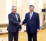 　ロシアのショイグ安全保障会議書記（左）と握手する中国の習近平国家主席＝２月２８日、北京（新華社＝共同）