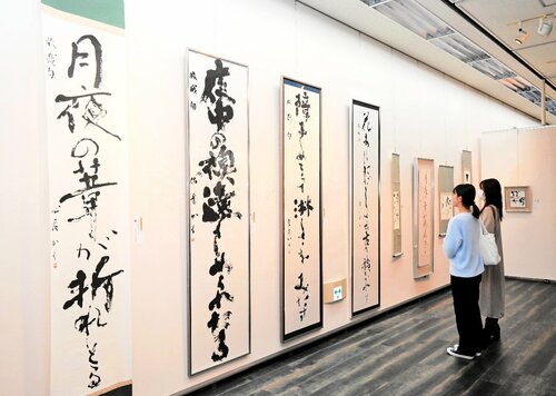大賞や審査員の作品に見入る来場者＝１０日、鳥取市のとりぎん文化会館