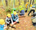 除伐した木でコースター作りなどを楽しむ参加者