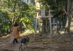 　散歩道にある「山ノ神」のほこらに立ち寄る伊藤比呂美さんと愛犬クレイマー＝２０２３年１０月、熊本市の立田山