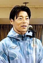 　カヌー・スラロームのパリ五輪代表の壮行会で、あいさつする羽根田卓也＝１６日、東京都内