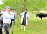 世界農業遺産に認定された「人と牛が共生する美方地域の伝統的但馬牛飼育システム」。６月２４日には現地調査員（左手前）による調査があった＝兵庫県新温泉町切畑の三原野放牧場