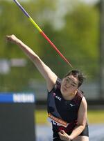 　女子やり投げ　６１メートル８３で優勝した北口榛花＝ケーズデンキスタジアム水戸