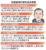 　石破首相の核を巡る発言（似顔　本間康司）