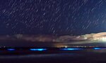 星空の下、美保湾の海面に青く光る夜光虫の帯＝２５日午後１０時、境港市佐斐神町から（寺沢さん撮影）