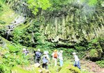 柱状節理の玄武岩が広がる「宮脇鷲滝」。視察見学会の参加者は感嘆の声を上げた＝１９日、新温泉町宮脇（提供）