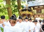 みこしを担いで大山寺本堂へ続く石段を登る参加者ら＝２４日、大山町大山
