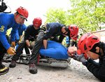 傷病者をストレッチャーに乗せる技術を実践する参加者ら＝２１日、大山町大山