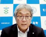 　オンラインで記者会見する佐賀県玄海町の脇山伸太郎町長＝２７日午後（日本記者クラブ事務局提供）