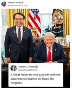 　トランプ米大統領がＳＮＳ「トゥルース・ソーシャル」に投稿した赤沢経済再生相と一緒に写った画像