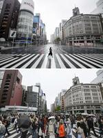 　新型コロナウイルス緊急事態宣言で人出が減った２０２０年４月（上）と、観光客らでにぎわう今月６日の東京・銀座。政府が初の緊急事態を宣言してから７日で５年