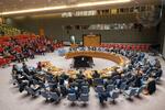 　ウクライナ侵攻を巡る民間人被害について協議する国連安全保障理事会＝２６日、米ニューヨークの国連本部（国連提供・共同）