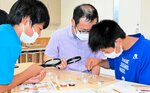 アニサキスの実験に取り組む参加者＝５日、境港市昭和町の境港おさかなパーク