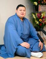 　名古屋場所の番付発表記者会見で心境を語る新関脇大の里＝１日、愛知県安城市の二所ノ関部屋宿舎