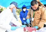 伊吹会長（左）の指導を受けながらイノシシ肉の解体に挑戦する参加者＝８日、鳥取市鹿野町鹿野のイノシシ食肉解体処理施設