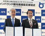 新協定を締結したＨＩＳの矢田社長（左）と平井知事＝５日、鳥取市浜坂のサンドボックス鳥取