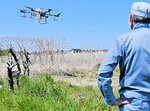 ドローンを使って実施された石灰散布の実証実験＝昨年４月、米子市夜見町