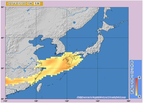 １０日午前３時の黄砂予測図（気象庁ホームページより）