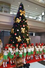 飾り付けしたツリーの前でクリスマスソングを合唱する園児たち＝５日、鳥取市の鳥取砂丘コナン空港
