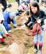 大物を収穫して満足そうな子ども