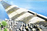 水が流れず一部が乾いた状態の車尾堰＝７日、米子市車尾７丁目