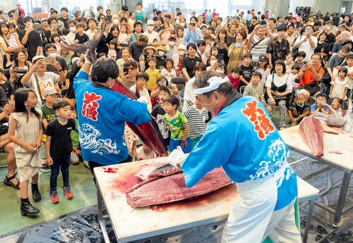 割裁人がさばくマグロの解体ショーに歓声を上げる来場者＝１６日、鳥取県境港市昭和町の県営境港水産物地方卸売市場２号上屋
