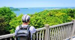 風の広場の展望デッキからの眺望。森の緑と湖山池、日本海の青のコントラストが美しい