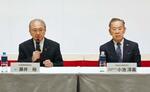 　「北海道バレー」構想の実現に向けた協議会が発足し、記者会見する北海道経済連合会の藤井裕会長（左）とラピダスの小池淳義社長＝７日午前、北海道千歳市