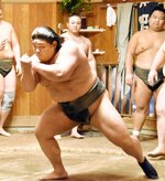 すり足をする伯桜鵬＝東京都墨田区の宮城野部屋