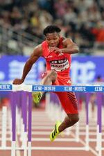 　男子１１０メートル障害　１３秒１４で２位に入った村竹ラシッド＝アモイ（共同）
