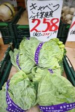 　青果店の店頭に並ぶキャベツ＝２０日、東京都新宿区