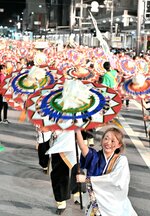 ４年ぶりに満開となった傘の花が、照明に光り輝きながら連なった＝１４日、鳥取市の若桜街道