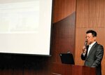 ＢＩＭの活用事例に基づいて成果や課題を発表する新田部長＝８日、米子市加茂町２丁目の米子商工会議所