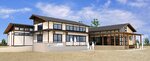 鳥取砂丘西側にできる「鳥取砂丘フィールドハウス」。県整備のオアシス館（左）と環境省整備の風紋館で構成する（鳥取県提供）
