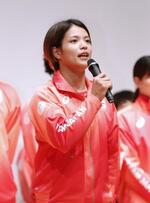 　日体大のパリ五輪・パラリンピックに向けた壮行会で、意気込みを語る柔道女子５２キロ級の阿部詩＝東京都世田谷区