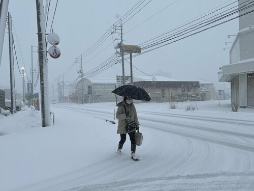 吹雪の中を歩く女性=8時55分ごろ、24日鳥取市の湖山街道