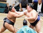 元幕内の友風（右）と攻め合う伯桜鵬。押し出しで破り、７勝７敗と星を五分に戻す＝両国国技館