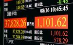 　上げ幅が一時１１００円を超えた日経平均株価を示すモニター＝１６日午前、東京・東新橋