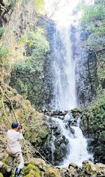 楠城集落の山奥で豪快なしぶきを上げる谷尾滝。安山岩の柱状節理に囲まれた秘境の瀑布だ