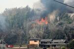　民家の間近まで火が迫った愛媛県今治市の山林火災現場＝２５日午後２時１３分