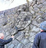 鳥取大地震後、地元の石工が手がけた「観音堂石垣の亀石」。神獣をモデルとしたお宝だ